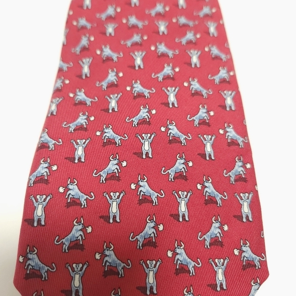 Vineyard Vines Mens Bull Bear Stock Market Wall Street Silk Red Neck Tie - Picture 2 of 5
